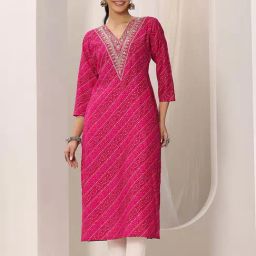Libas Pink Bandhani Printed Straight Kurta with Zari Embellishment and Pocket-image-21
