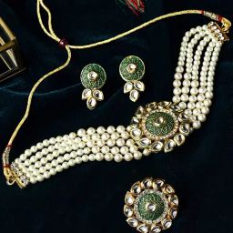 Zaveri Pearls Green Enamel Multistrand Kundan Choker Necklace Earring & Ring Set-ZPFK10785-25