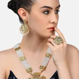 Zaveri Pearls Gold Tone Kundan Long Necklace Earring Maangtikka & Ring Set-ZPFK10780-46