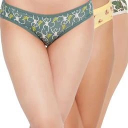 Clovia Green & Yellow Cotton Printed Bikini Panties - Pack Of 3-image-23