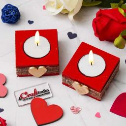 eCraftIndia Red & Golden Wooden Square Heart Tea Light Candle Holders - Set of 2-image-9