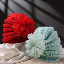 Babymoon Kids Pack Of 2 Self Design Flower Cotton Beanie Cap-14