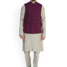 KISAH Men Grey & Magenta Solid Kurta with Churidar and Nehru Jacket-57