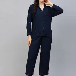 Chemistry Women Navy Blue & Red Embroidered Night suit-45