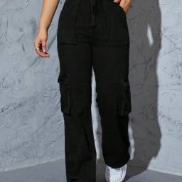Broadstar Black Relaxed Fit High Rise Cargo Jeans-image-133