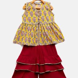 StyloBug Girls Yellow Cotton Printed Kurti Set-image-40