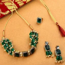 Zaveri Pearls Green Beads Ethnic Choker Necklace Earring & Ring Set-ZPFK10767-image-38