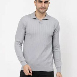 Kalt Men Full Sleeves Textured Knit Polo Collar T-Shirt-17