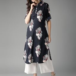 HERE&NOW Women Navy Printed Straight Kurta-40