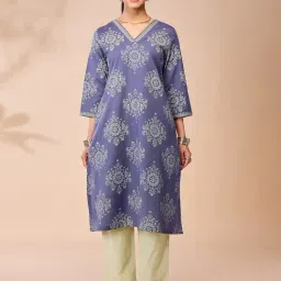 Daali Blue Cotton Regular Fit Printed Kurta-image-77