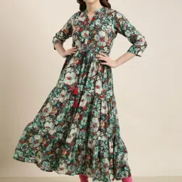 SHOWOFF Teal Floral Print Anarkali Kurta-image-57