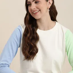HERE&NOW Solid Round Neck Contrast Sleeves Sweatshirt-picture-57