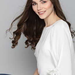 HERE&NOW Women White Solid Blouson Top With Tie-Up Detail-image-36