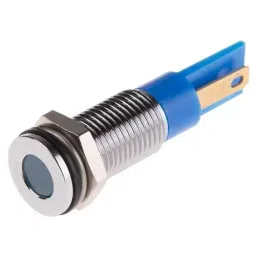RS PRO Blue Panel Mount Indicator 12V DC, Mounting Hole Size 8 mm, Termination Type Faston, Solder Lug, IP Rating IP67, Model No 9138700-23