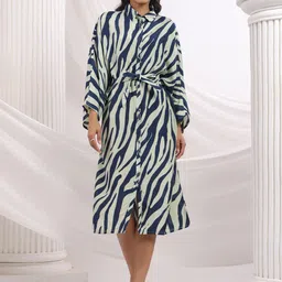 JISORA Women Blue Printed Russian Silk A-Line Midi Dress Print Dress-picture-2