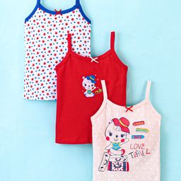 Bodycare Sleeveless Slips Kitty Print Pack of 3 - Peach White & Red-image-44