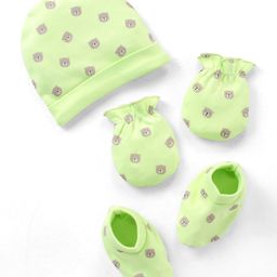 Babyhug 100% Cotton Cap Mittens & Booties Set Teddy Print - Green-image-82