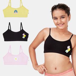 Plan B 95% Cotton 5% Elastane Pack Of 3 Flower Rainbow Printed Training Bras - Black Yellow Pink-image-16