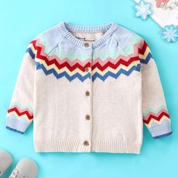 ToffyHouse Full Sleeves 100% Seamless Flatknitted Cotton Cardigans Chevron Design - White Melange-image-26