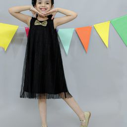 KIDSDEW Sleeveless Sequin Bow Detailed Glitter Net Pleated A Line Dress - Black-image-64