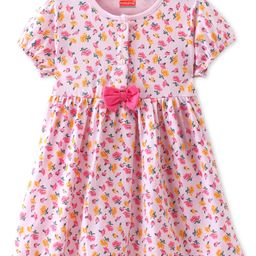 Babyhug Single Jersey Knit Half Sleeves Frock with Floral Print & Bow Applique - Pink-image-94