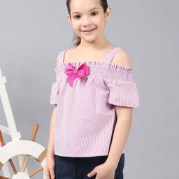 One Friday Cold Shoulder Striped & Bow Detailed Top - Pink-image-34