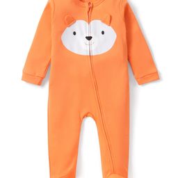 Babyhug Interlock Full Sleeves Sleepsuit Bear Face Print with Pop Up Ears - Orange-image-93