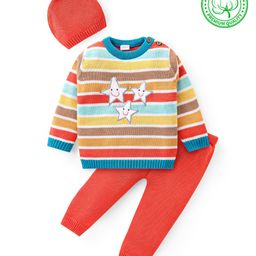 Babyhug Knit Full Sleeves Striped Sweater Set with Cap Star Design - Red-picture-28