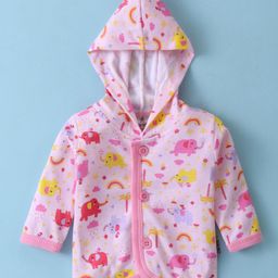 Child World Interlock Full Sleeves Hooded Front Open Vest Elephant Print - Pink-image-0