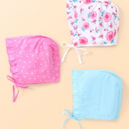Babyhug 100% Cotton Knit Caps with Solid Polka Dots & Floral Print Pack of 3 - Blue Pink & White-picture-5