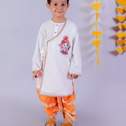lil' drama Lil Drama Cotton  Full Sleeves  Tie & Dye Kurta Dhoti Set - White And Orange-picture-21