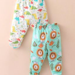 OHMS Single Jersey Knit Footed Bootie Leggings With Lion & Dinosaurs Print Pack Of 2 - Light Blue & Off White-picture-25