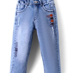 Olio Kids Full Length Distressed Denim Jeans with Text Print - Light Blue-image-90