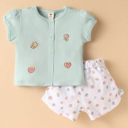 ToffyHouse Woven Half Sleeves Front Open Top & Printed Shorts Set With Patch Detailing - Mint & White-picture-16