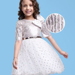 Hola Bonita Woven Half Puffed Sleeves Foil Printed Mesh Party Dress with Sequin Yoke & Bow Applique - Offwhite-picture-1