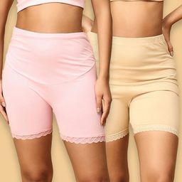 The Mom Store Cotton Pack Of 2 Solid High Waist Maternity Shorts - Pink & Beige-image-59