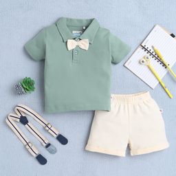 BUMZEE Cotton Half Sleeves Attached Bow Detailed Polo Tee With Shorts & Suspender Set - Green & Beige-image-85