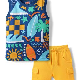 Babyhug Single Jersey Knit Sleeveless Tank T-Shirt & Shorts Set With Beach Theme Print - Blue & Yellow-image-27