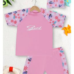 PASSION PETALS Lycra Half Sleeves Floral & Surf Text Printed Coordinating Swimsuit Set - Pink-image-79