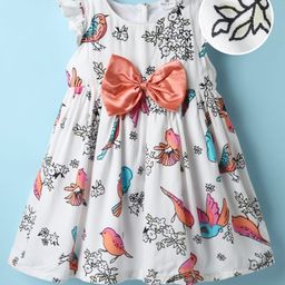 Mark & Mia Cotton Woven Frill Sleeves Frock with Bird Print & Bow Applique - White-image-68