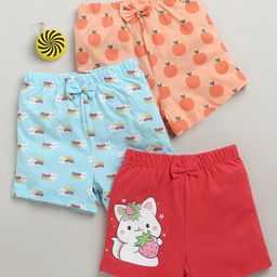 BUMZEE Cotton Pack Of 3 Stars & Fruits Printed Bow Applique Detailed Shorts - Sky Blue & Peach-image-45