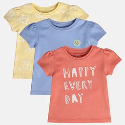 MINI KLUB Cotton Pack Of 3 Half Puffed Sleeves Happy Every Day Text & Baby Animals Printed Tops - Blue Pink & Yellow-picture-28