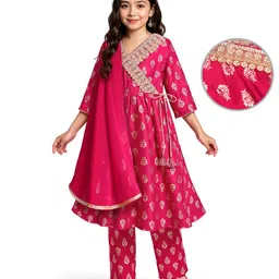 EARTHY TOUCH Woven Three Fourth Sleeves Kurti Churidar Set with Dupatta Floral Glitter Print & Lace Detailing - Dark Pink-picture-6