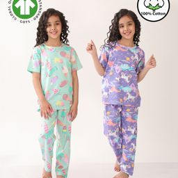 Anthrilo 100% Organic Cotton Knit Pack Of 2 Half Sleeves Unicorn & Ice Cream Printed Coordinating Night Suit Sets - Aqua & Purple-image-23