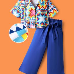 OLLINGTON ST. Cotton Looper Half Sleeves Top & Knit Joggers with Geometric Print - Multicolor & Royal Blue-picture-20