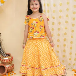BownBee Pure Cotton Woven Sleeveless Baby Elephants Printed & Gota Lace Embellished Lehenga Choli Set - Orange-picture-17