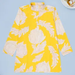 Kiddopanti Cotton Woven Full Sleeves Floral & Leaves Printed Kurta - Yellow & White-picture-44