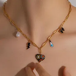 VIEN Gold-Plated Artificial Stone Studded & Beaded Stainless Steel Statement Necklace-1