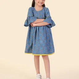 Fabindia Girls Striped Round Neck Bell Sleeve Cotton Fit & Flare Dress-50