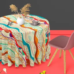 ArtzFolio Beige Abstract Print Anti-Slip Round 4-Seater Table Cover-23